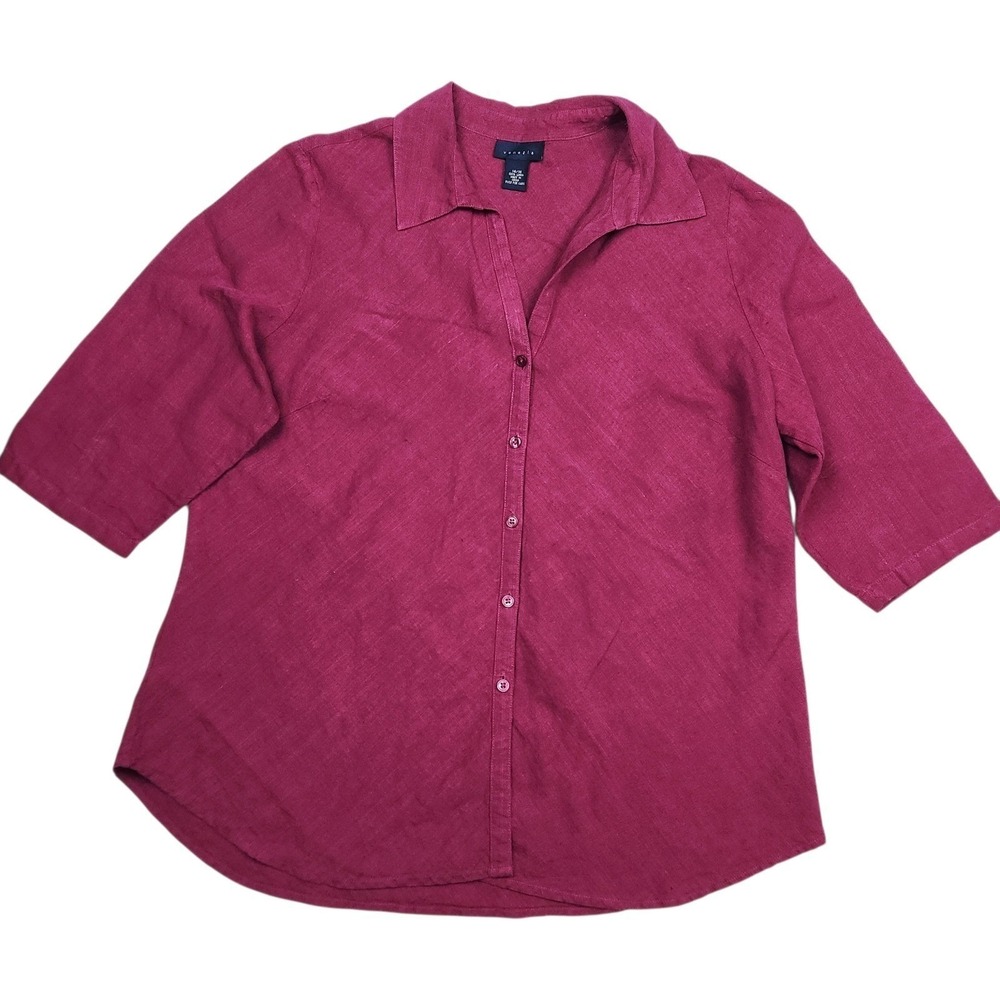 Venezia Linen Shirt Sz 14/16 Button Up Magenta Pink Collared 3/4 Sleeve Boho